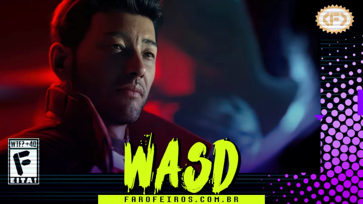 Capa do WASD podcast mostrando uma imagem de Mass Effect Universe com um personagem masculino de origem oriental olhando para uma alien azul. Na parte inferior, o título "WASD" em letras verde fluorescentes com tinta pingando, sobre o endereço farofeiros.com.br. No canto inferior esquerdo, classificação indicativa paródica "WTF? +40" e " F" e "EITA!". No canto superior direito, o logotipo do Farofeiros em dourado. À direita, painel decorativo preto com bolinhas roxas em estilo retro como se fosse a caixa de um jogo de Super Nintendo.