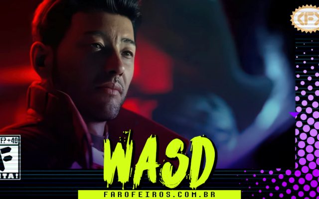 Capa do WASD podcast mostrando uma imagem de Mass Effect Universe com um personagem masculino de origem oriental olhando para uma alien azul. Na parte inferior, o título "WASD" em letras verde fluorescentes com tinta pingando, sobre o endereço farofeiros.com.br. No canto inferior esquerdo, classificação indicativa paródica "WTF? +40" e " F" e "EITA!". No canto superior direito, o logotipo do Farofeiros em dourado. À direita, painel decorativo preto com bolinhas roxas em estilo retro como se fosse a caixa de um jogo de Super Nintendo.