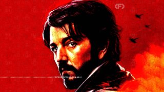 Ilustração do ator Diego Luna como Cassian Andor de lado com fundo vermelho - FAROFEIROS.COM.BR