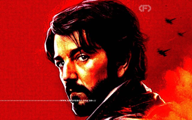 Ilustração do ator Diego Luna como Cassian Andor de lado com fundo vermelho - FAROFEIROS.COM.BR