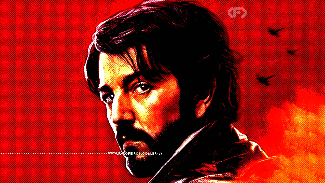Ilustração do ator Diego Luna como Cassian Andor de lado com fundo vermelho - FAROFEIROS.COM.BR