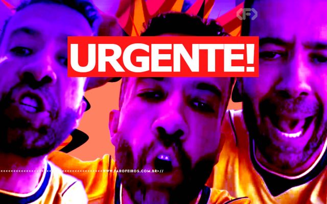 Imagem com forte filtro de cores neon (roxo, rosa e laranja). Mostra o rosto de André Janones três vezes, em close, com expressões sérias. No centro da imagem, há uma tarja vermelha com a palavra "URGENTE!" escrita em letras brancas grandes e maiúsculas. Ao fundo, raios gráficos em vermelho e laranja.