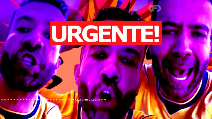 Imagem com forte filtro de cores neon (roxo, rosa e laranja). Mostra o rosto de André Janones três vezes, em close, com expressões sérias. No centro da imagem, há uma tarja vermelha com a palavra "URGENTE!" escrita em letras brancas grandes e maiúsculas. Ao fundo, raios gráficos em vermelho e laranja.