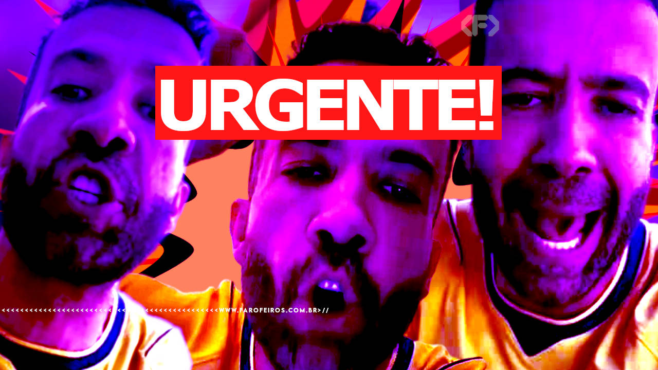 Imagem com forte filtro de cores neon (roxo, rosa e laranja). Mostra o rosto de André Janones três vezes, em close, com expressões sérias. No centro da imagem, há uma tarja vermelha com a palavra "URGENTE!" escrita em letras brancas grandes e maiúsculas. Ao fundo, raios gráficos em vermelho e laranja.