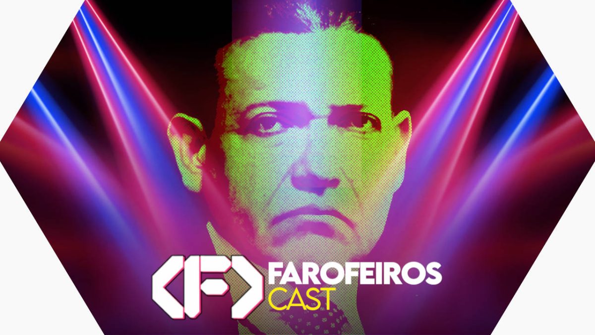 Capa do episódio 90 do Farofeiros Cast em um hexágono vermelho e roxo com bordas brancas. No centro, a figura de Kássio Nunes Marques com texturas e efeitos de luzes de festa sobre seu rosto