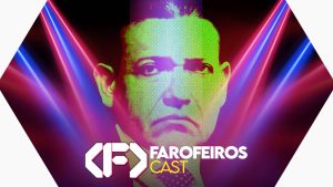 Capa do episódio 90 do Farofeiros Cast em um hexágono vermelho e roxo com bordas brancas. No centro, a figura de Kássio Nunes Marques com texturas e efeitos de luzes de festa sobre seu rosto