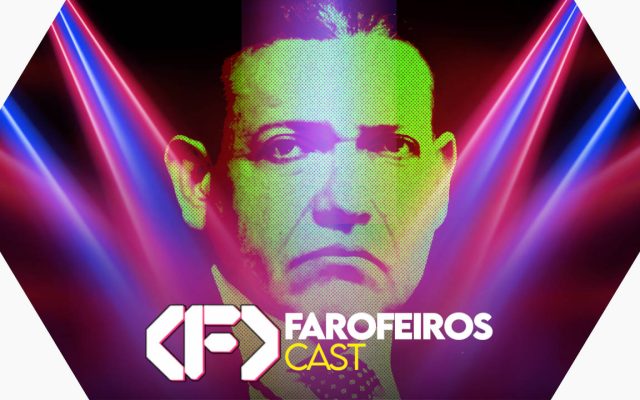 Capa do episódio 90 do Farofeiros Cast em um hexágono vermelho e roxo com bordas brancas. No centro, a figura de Kássio Nunes Marques com texturas e efeitos de luzes de festa sobre seu rosto