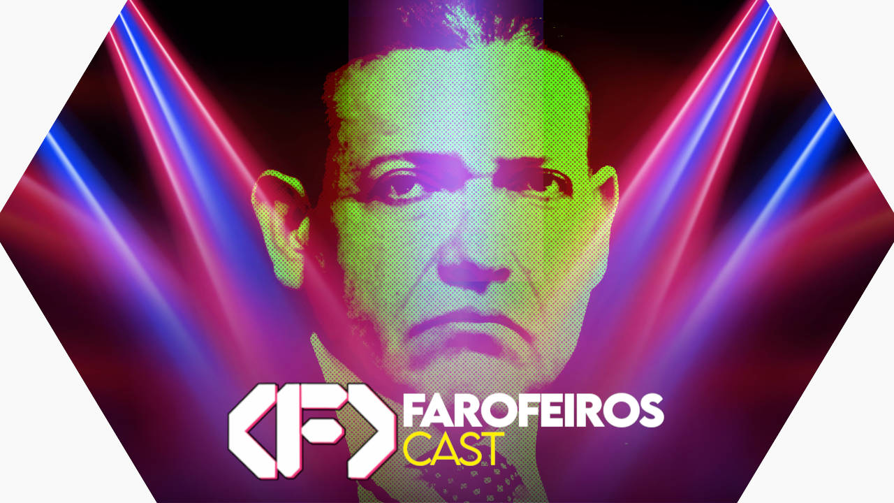 Capa do episódio 90 do Farofeiros Cast em um hexágono vermelho e roxo com bordas brancas. No centro, a figura de Kássio Nunes Marques com texturas e efeitos de luzes de festa sobre seu rosto