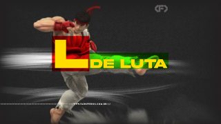 Ryu, personagem de Street Fighter, fazendo o golpe tatsumaki senpuukyaku em um fundo preto com a frase em amarelo "L de luta" sobrepondo seu corpo.