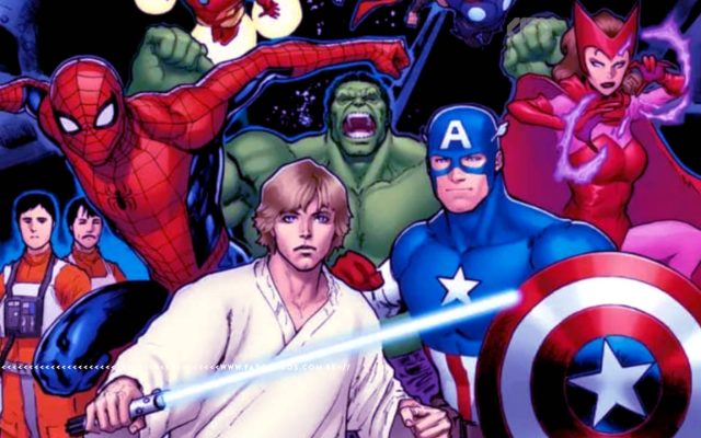 Luke Skywalker à frente de Capitão América - Hulk - Homem Aranha e Feiticeira Escarlate