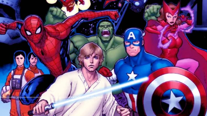 Luke Skywalker à frente de Capitão América - Hulk - Homem Aranha e Feiticeira Escarlate