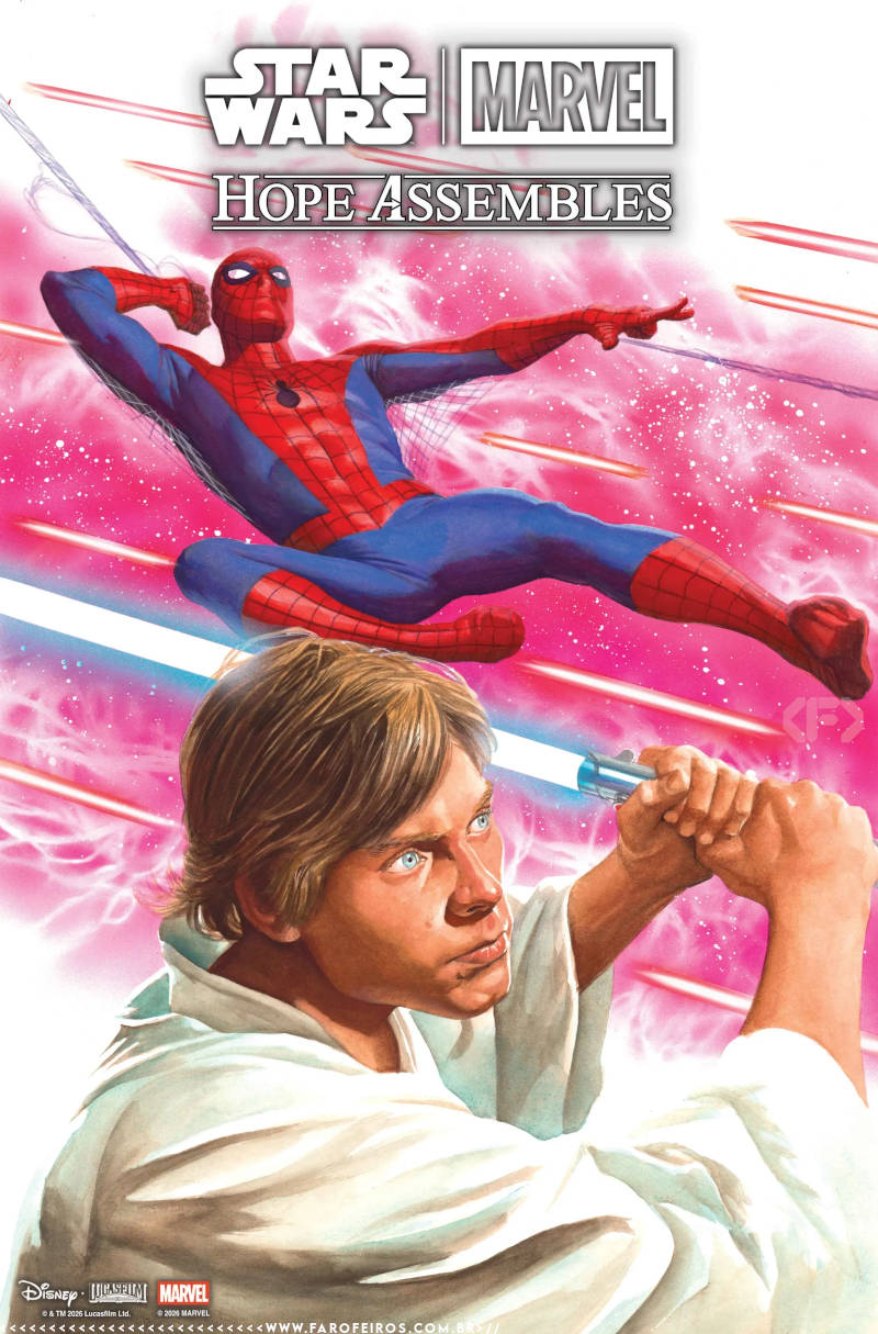 Luke Skywalker ergue seu sabre enquanto Homem Aranha salta ao fundo desviando de tiros laser
