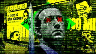 Colagem digital de estética glitch e punk, com fundo composto por códigos binários em verde, amarelo e preto. No centro, em preto e branco com efeito de meio-tom (pontilhado), está o rosto de Mark Zuckerberg com dois "X" vermelhos cobrindo os olhos. À esquerda, um recorte em amarelo e verde exibe o texto "OS CORTES DO FLAVIO BOLSONARO" e o rosto de Flávio Bolsonaro. À direita, há um rosto estilizado em amarelo 700 MIL em letras grandes e distorcidas.