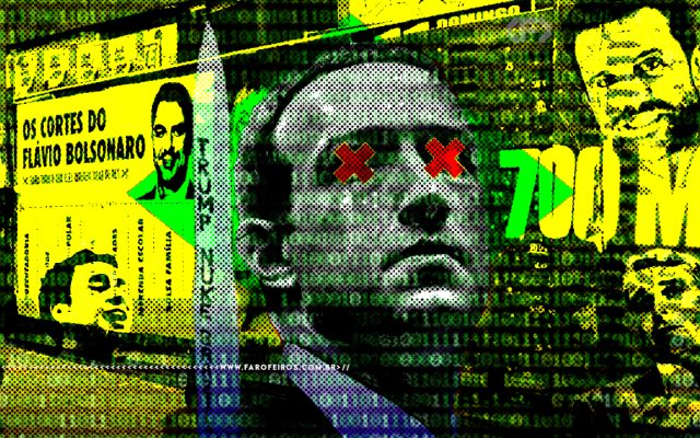Colagem digital de estética glitch e punk, com fundo composto por códigos binários em verde, amarelo e preto. No centro, em preto e branco com efeito de meio-tom (pontilhado), está o rosto de Mark Zuckerberg com dois "X" vermelhos cobrindo os olhos. À esquerda, um recorte em amarelo e verde exibe o texto "OS CORTES DO FLAVIO BOLSONARO" e o rosto de Flávio Bolsonaro. À direita, há um rosto estilizado em amarelo 700 MIL em letras grandes e distorcidas.