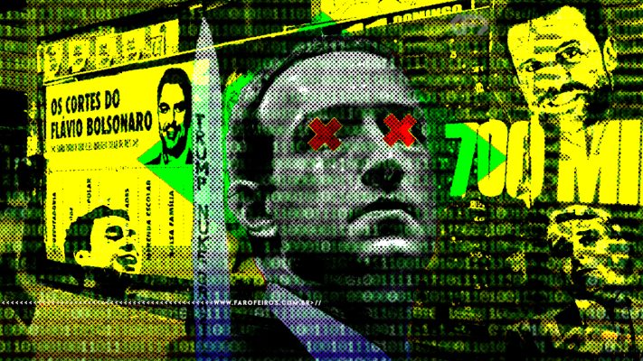 Colagem digital de estética glitch e punk, com fundo composto por códigos binários em verde, amarelo e preto. No centro, em preto e branco com efeito de meio-tom (pontilhado), está o rosto de Mark Zuckerberg com dois "X" vermelhos cobrindo os olhos. À esquerda, um recorte em amarelo e verde exibe o texto "OS CORTES DO FLAVIO BOLSONARO" e o rosto de Flávio Bolsonaro. À direita, há um rosto estilizado em amarelo 700 MIL em letras grandes e distorcidas.