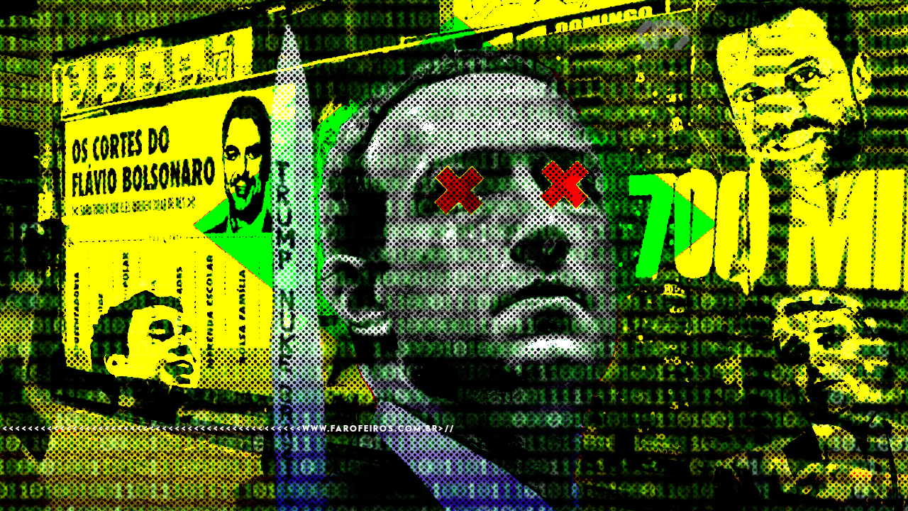 Colagem digital de estética glitch e punk, com fundo composto por códigos binários em verde, amarelo e preto. No centro, em preto e branco com efeito de meio-tom (pontilhado), está o rosto de Mark Zuckerberg com dois "X" vermelhos cobrindo os olhos. À esquerda, um recorte em amarelo e verde exibe o texto "OS CORTES DO FLAVIO BOLSONARO" e o rosto de Flávio Bolsonaro. À direita, há um rosto estilizado em amarelo 700 MIL em letras grandes e distorcidas.