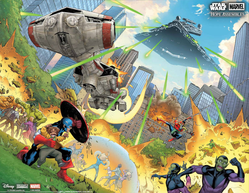 Cena urbana com um cruzador imperial no céu atirando contra uma nave rebelde que bem caindo em direção de um parque no meio de uma cidade na Terra onde os heróis da Marvel correm para socorrer a população - FAROFEIROS.COM.BR