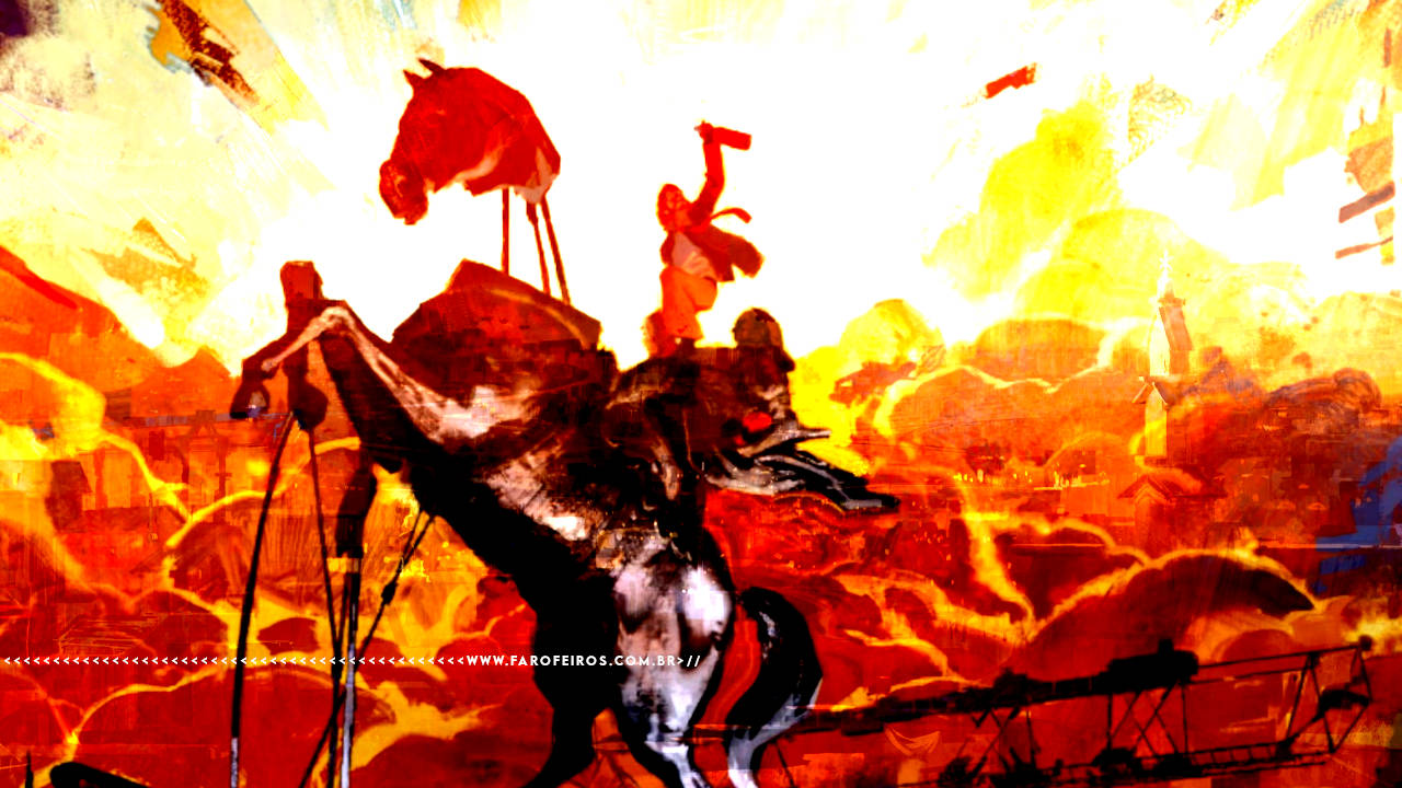 Montagem com imagens do jogo Disco Elysium com o personagem principal em pé em cima de uma estátua de um cavalo - FAROFEIROS.COM.BR