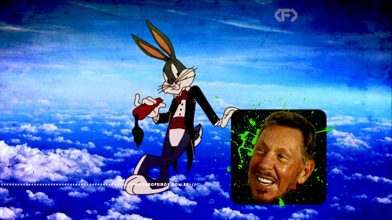 Pernalonga de smoking comendo uma cenoura apoiado em um ícone com a cara de Larry Ellison
