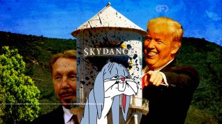 Torre de água da Warner alterada digitalmente com o logo da Skydace com Donal Trump e Larry Ellison sorrindo ao fundo e Pernalonga triste em primeiro plano