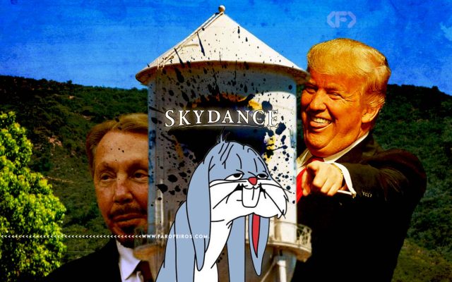 Torre de água da Warner alterada digitalmente com o logo da Skydace com Donal Trump e Larry Ellison sorrindo ao fundo e Pernalonga triste em primeiro plano