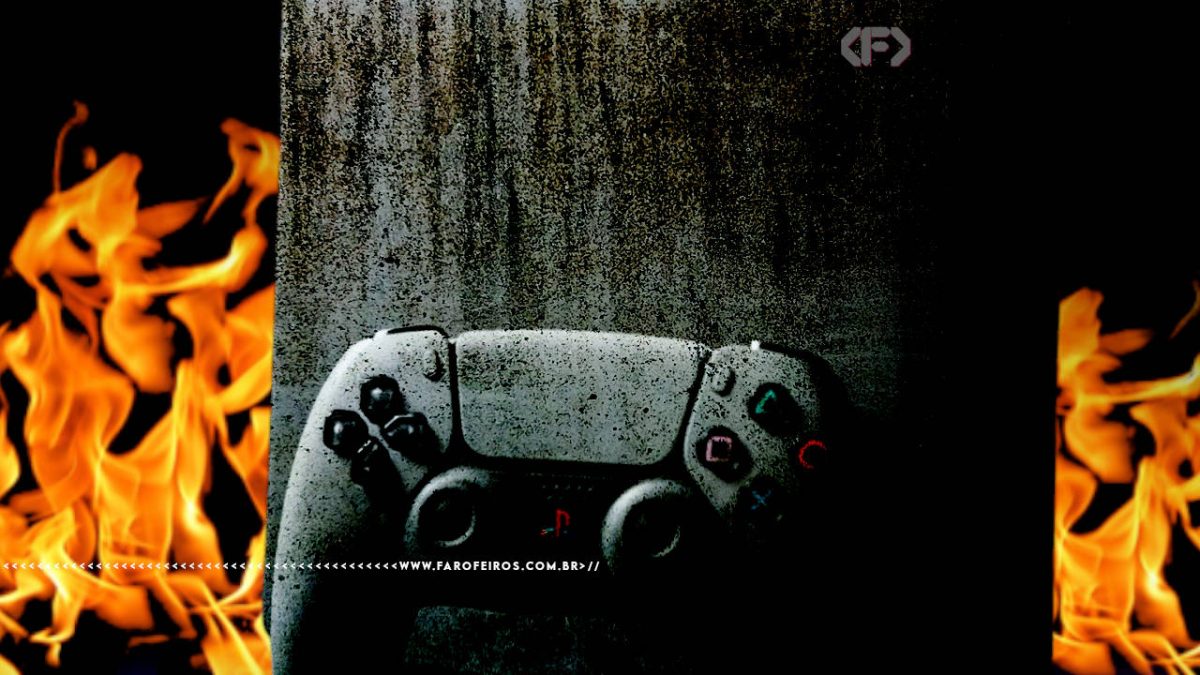 Um console PS5 com um controle a frente envelhecido com chamas ao fundo em um cenário escuro