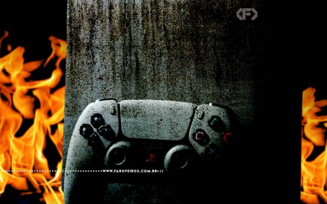 Um console PS5 com um controle a frente envelhecido com chamas ao fundo em um cenário escuro