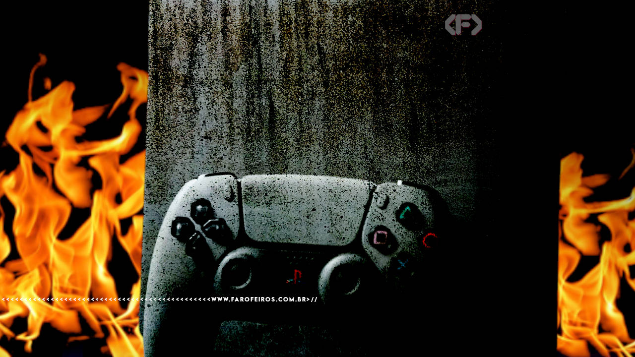 Um console PS5 com um controle a frente envelhecido com chamas ao fundo em um cenário escuro